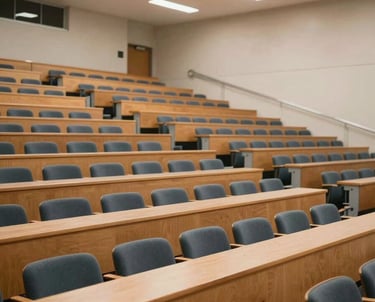 A professional shot of a modern lecture hall in a North American university. The seating is tiered, and the room is brightly lit with a scholarly vibe.