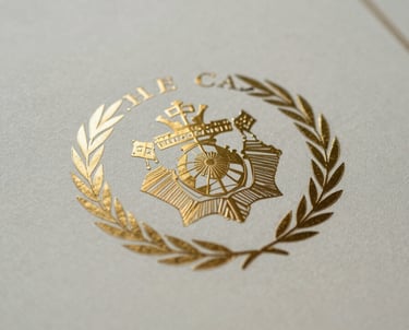 A close-up of a high-quality certificate paper with an embossed emblem. The lighting is soft and ceremonial, emphasizing professional achievement.