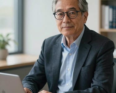 A professional portrait of an older academic man with glasses, sitting at a desk with a laptop, in a bright office. North American / Academic context.