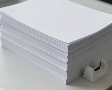 A stack of white high-quality paper documents on a clean desk, held together by a minimalist paperweight. Clinical and professional aesthetic.
