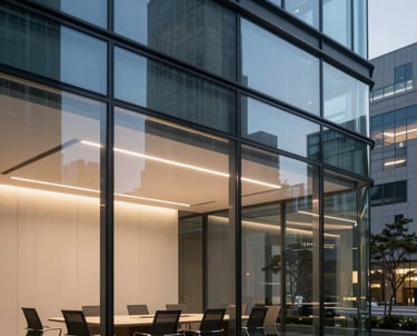 A professional shot of a glass-walled conference room in an urban office building at dusk. Minimal furniture, high-end North American professional setting.