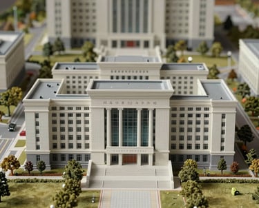 A photograph of an architectural model of a university campus. The lighting is crisp and scholarly, showing fine detail and precision.