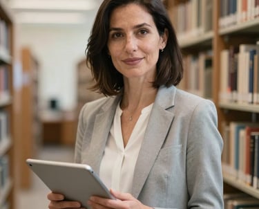 A professional portrait of an academic woman in a blazer, holding a tablet, standing in a brightly lit modern library. North American / Academic context.