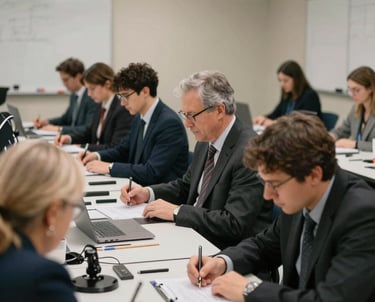 A photo of a professional workshop in progress. Participants in formal attire are engaged in a structured activity. North American / Academic context.