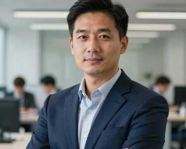 A professional headshot of a biomedical engineer in a modern North American office setting. The person is dressed in professional business attire with a sophisticated navy blazer, appearing confident and trustworthy.