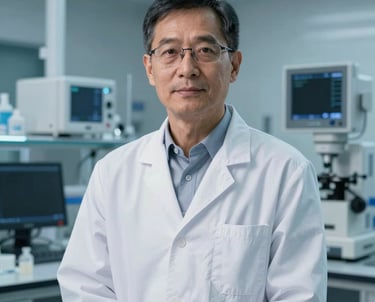 A professional portrait of a lead scientist in a clean, white North American lab coat. They are standing in a high-tech laboratory with soft-focus diagnostic equipment in the background, lit with natural and steel blue light.