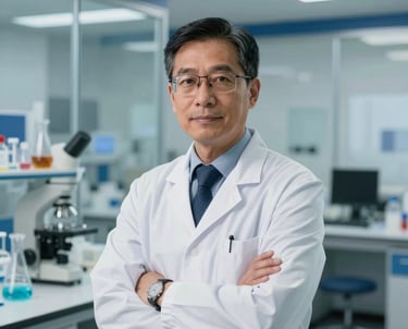 A professional portrait of a researcher in a life sciences environment in North America. The background features modern glass partitions and clean blue accents, highlighting a sophisticated and innovative scientific workspace.