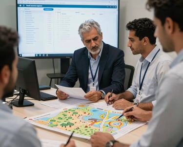 A group of professional sourcing specialists in an office in Egypt, looking at agricultural maps and supplier data on a screen. The setting is modern and indicates a high level of expertise in production matching.