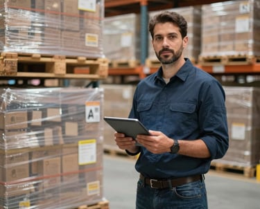 A professional logistics manager in an Egyptian warehouse standing near palletized goods ready for shipping. They are holding a digital tablet and looking toward the camera. The atmosphere is industrious and highly organized.