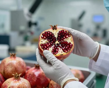 A close-up photograph of a quality control inspector in a clean, modern Egyptian facility. They are wearing white gloves and examining fresh pomegranate for export quality. The background is slightly blurred, focusing on the precision of the task.