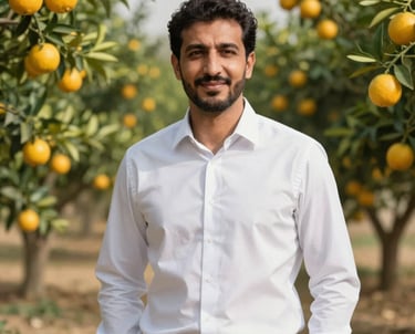 A portrait of a professional man in a smart business shirt standing in an Egyptian citrus grove. He has a confident, trustworthy expression. The lighting is natural and bright, conveying a Middle Eastern / Egyptian agricultural business context.