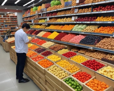 A vibrant marketplace scene showing farmers and traders exchanging fresh organic produce under bright sunlight.