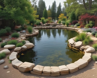 A serene artificial lake surrounded by lush greenery and smooth stone edges.