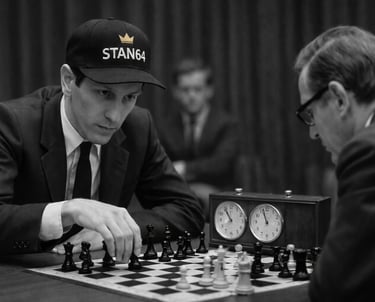 STAN64 Bobby Fischer wearing a STAN64 cap competes in a professional chess match