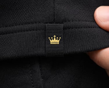 STAN64 luxury black knit garment featuring STAN64 gold crown embroidered on a woven tag.