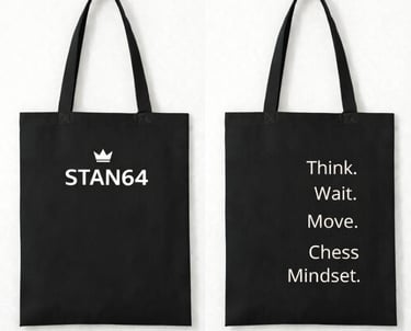 STAN64 Black tote bag logo Think Wait Move Chess Mindset quote.