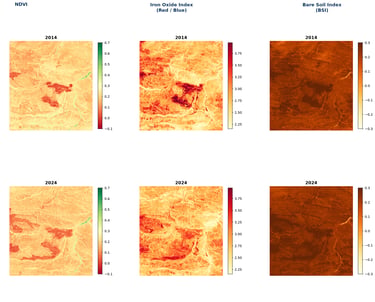 Comparison panel showing NDVI, Iron Oxide Index, and Bare Soil Index outputs