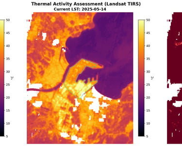 Thermal satellite comparison of POSCO Pohang steelworks showing persistent heat anomaly
