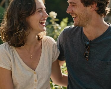 An authentic candid photograph of a couple laughing together in a warm, sun-drenched North American garden, their interaction captured in a cinematic, authentic style.