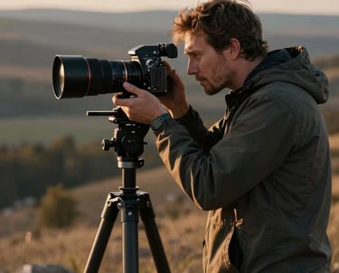 A photographer working on site in a North American landscape during the golden hour, focusing on natural light and cinematic composition.