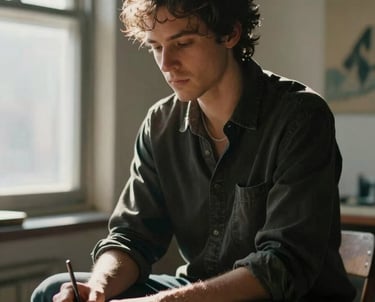 A portrait of a collaborating artist in a sunlit North American loft, focusing on the cinematic atmosphere and artistic dedication.