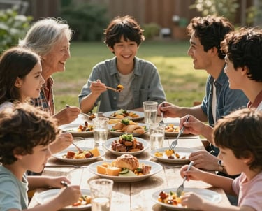 A cinematic photograph of a North American family sharing a meal outdoors at a wooden table, sun-drenched and full of authentic joy.