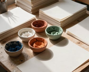 An overhead shot of an organized art studio in a sunlit North American house, showing stacks of paper and bowls of pigment in terracotta and sage green.