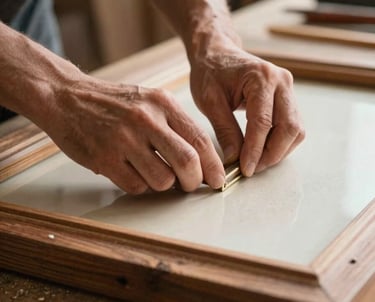A close-up of a master framer's hands working with aged wood in a warm, artistic workshop setting.