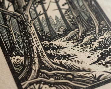 A close-up of a linocut carving showing the intricate details of a forest scene, with warm, cinematic shadows.