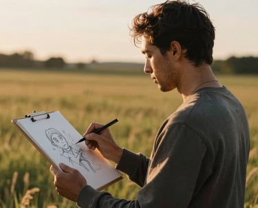 A lifestyle photograph of a North American artist sketching in a field during the golden hour, captured with a cinematic lens.