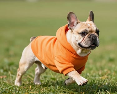 A cute tan French Bulldog wearing a bright orange dog hoodie running across a green grass lawn.