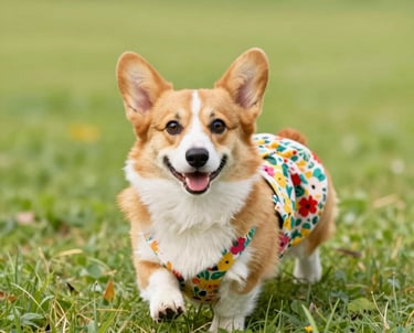 A happy Pembroke Welsh Corgi wearing a floral harness and dress walking through green grass.