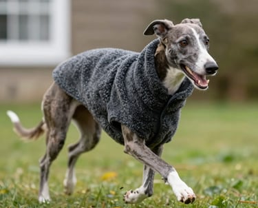 A brindle greyhound wearing a charcoal fleece dog coat running across a green lawn.