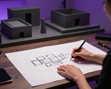 An architectural designer working on a high-tech modern drafting desk in a sophisticated Mexico / Latin America studio. Background elements feature dark purple ambient lighting and charcoal structural scale models.