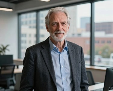 A professional portrait of a senior interior architect in a bright, modern office space with a large window in the background, showing a sophisticated urban North American environment.