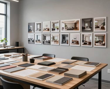 A wide shot of a modern design studio with light gray walls, featuring large work tables covered in material swatches and a wall-mounted display of successful interior projects.