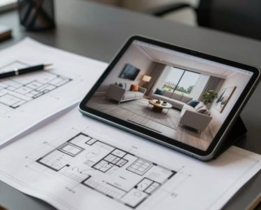 A close-up shot of architectural blueprints and a digital tablet showing a 3D living room render on a dark office desk in a professional North American design firm.