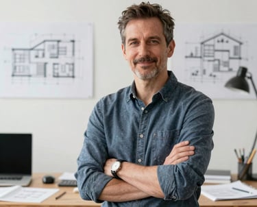 A professional portrait of a lead interior designer in a modern studio environment. The setting is clean and bright with architectural sketches in the background, conveying expertise and creative focus.