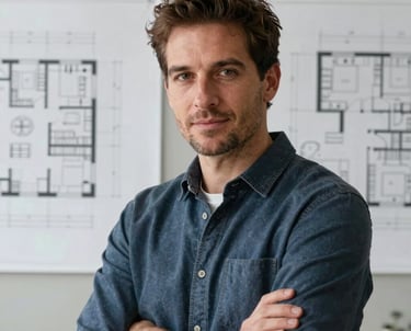 A portrait of a male lead designer in a professional North American studio, looking toward the camera with a confident expression, surrounded by interior design blueprints.