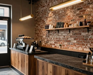 A stylish coffee shop interior in a North American urban setting, featuring warm wooden accents, modern dark slate counters, and a variety of textures from exposed brick to sleek brass light fixtures.