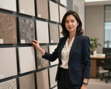 Portrait of a female project manager in a high-end interior design office, dressed in professional attire, standing in front of a wall of architectural material samples.