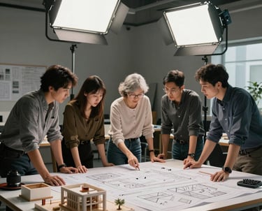 A team of professional designers in a North American studio collaborating over a large table with blueprints and architectural models, illuminated by bright studio lights.