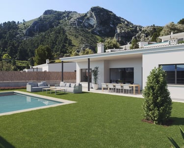 Villa de luxe moderne avec piscine, pelouse verdoyante et vue sur les montagnes.