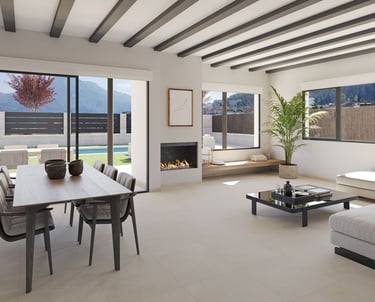 Salon et salle à manger modernes en espace ouvert, avec cheminée, vue sur le patio et poutres appare