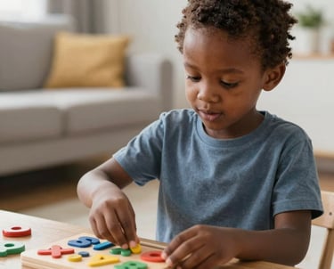 A joyful child playing with a colorful educational toy inspired by African culture in a bright, modern room.