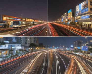 Lush green landscaped gardens with walking paths and seating areas.
