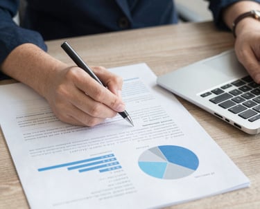 A professional reviewing detailed financial charts and real estate market data on a laptop.