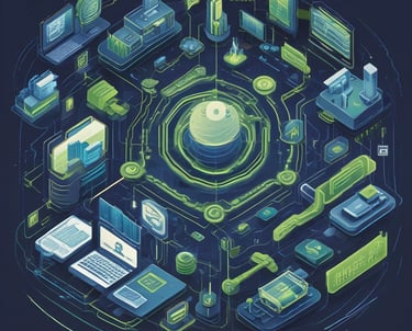 A minimalist workspace with laptop displaying analytics, papers with charts, and subtle lime color highlights.