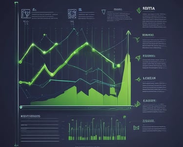 A clean dashboard showing sharp upward graphs and campaign metrics on a dark blue and lime accent interface.