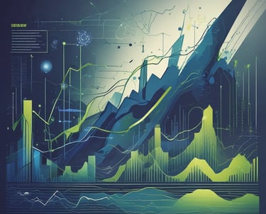 A minimalist workspace with laptop displaying analytics, papers with charts, and subtle lime color highlights.